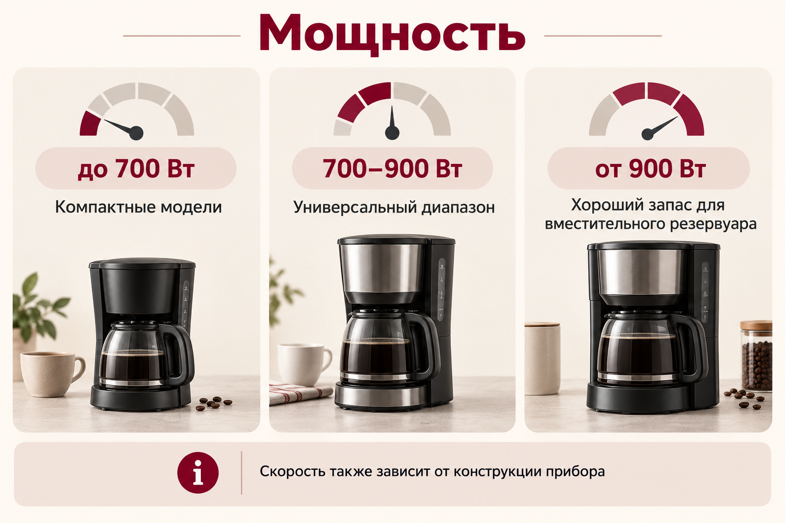 Инфографика «Мощность»: мощность капельной кофеварки: до 700 Вт, 700–900 Вт и от 900 Вт